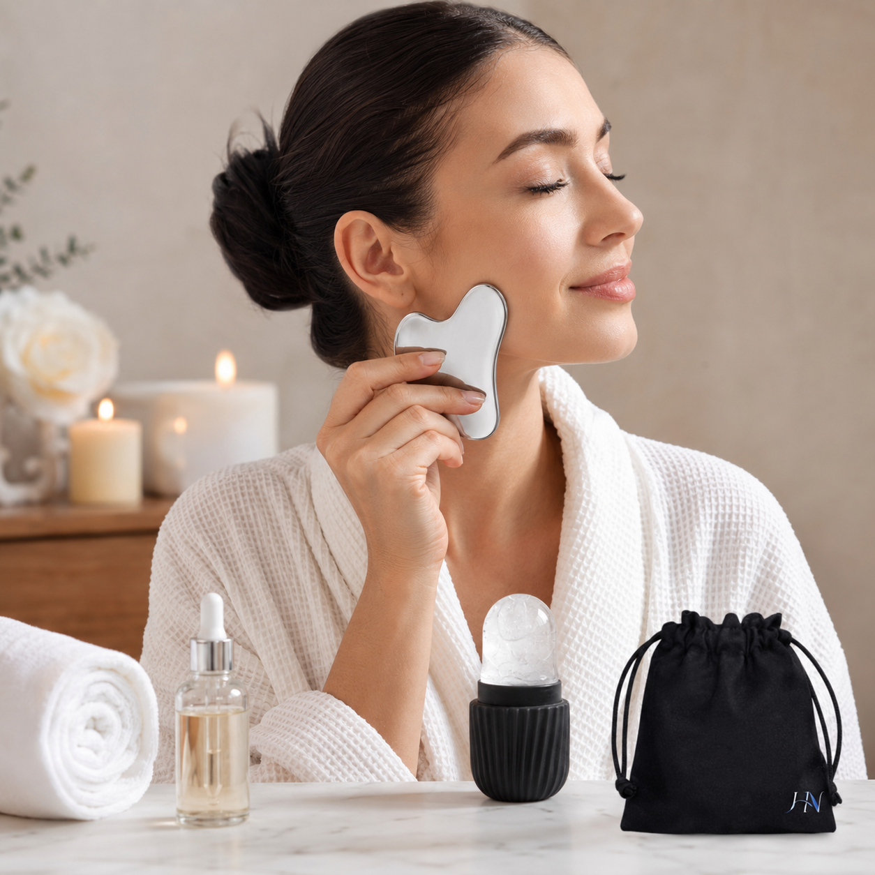 Kit Facial Ice Glow Gua Sha – Roller Gelado e Massageador Inox para Skincare Premium