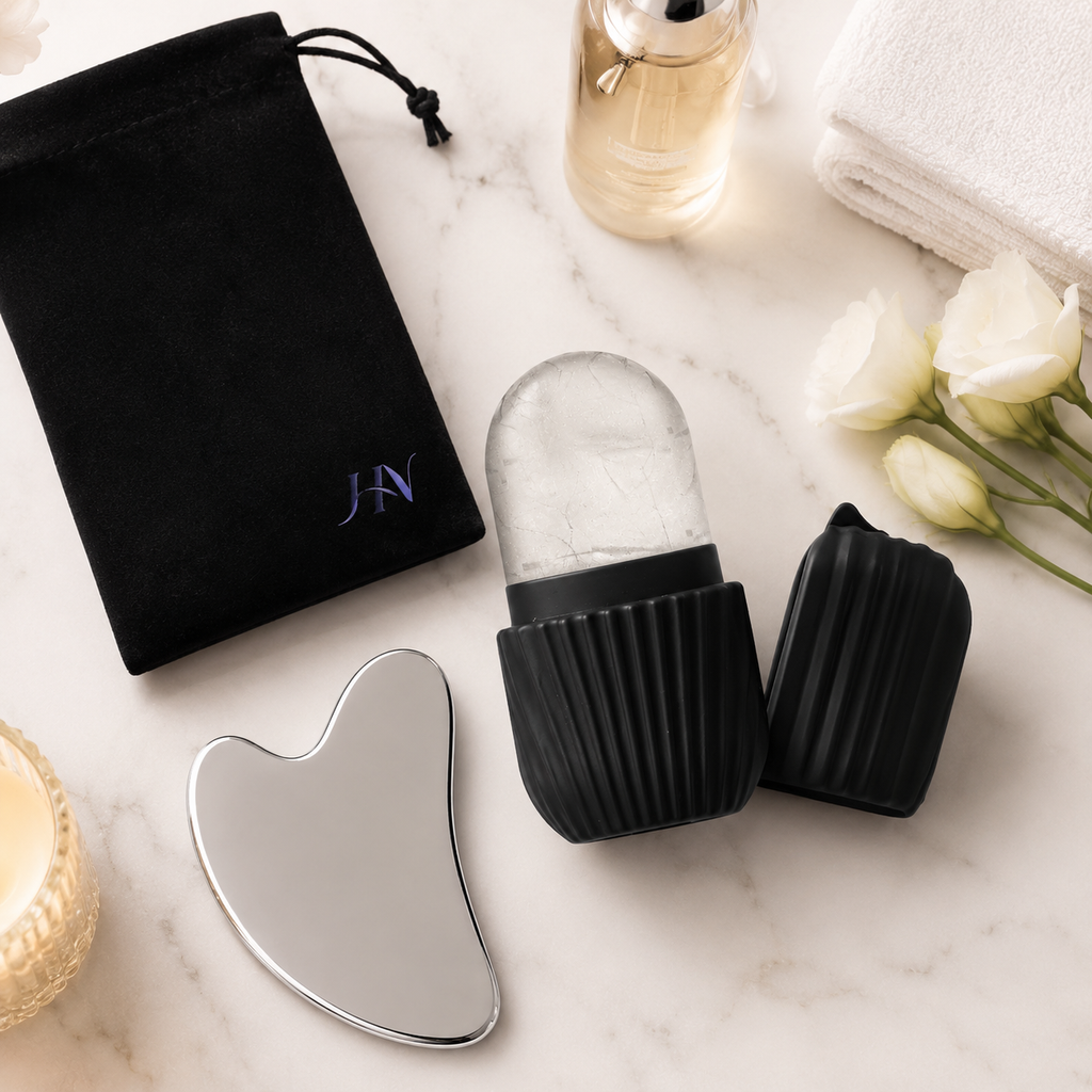Kit Facial Ice Glow Gua Sha – Roller Gelado e Massageador Inox para Skincare Premium