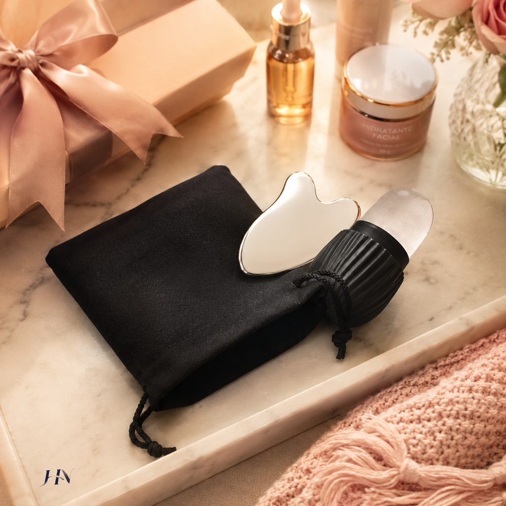 Kit Facial Ice Glow Gua Sha – Roller Gelado e Massageador Inox para Skincare Premium