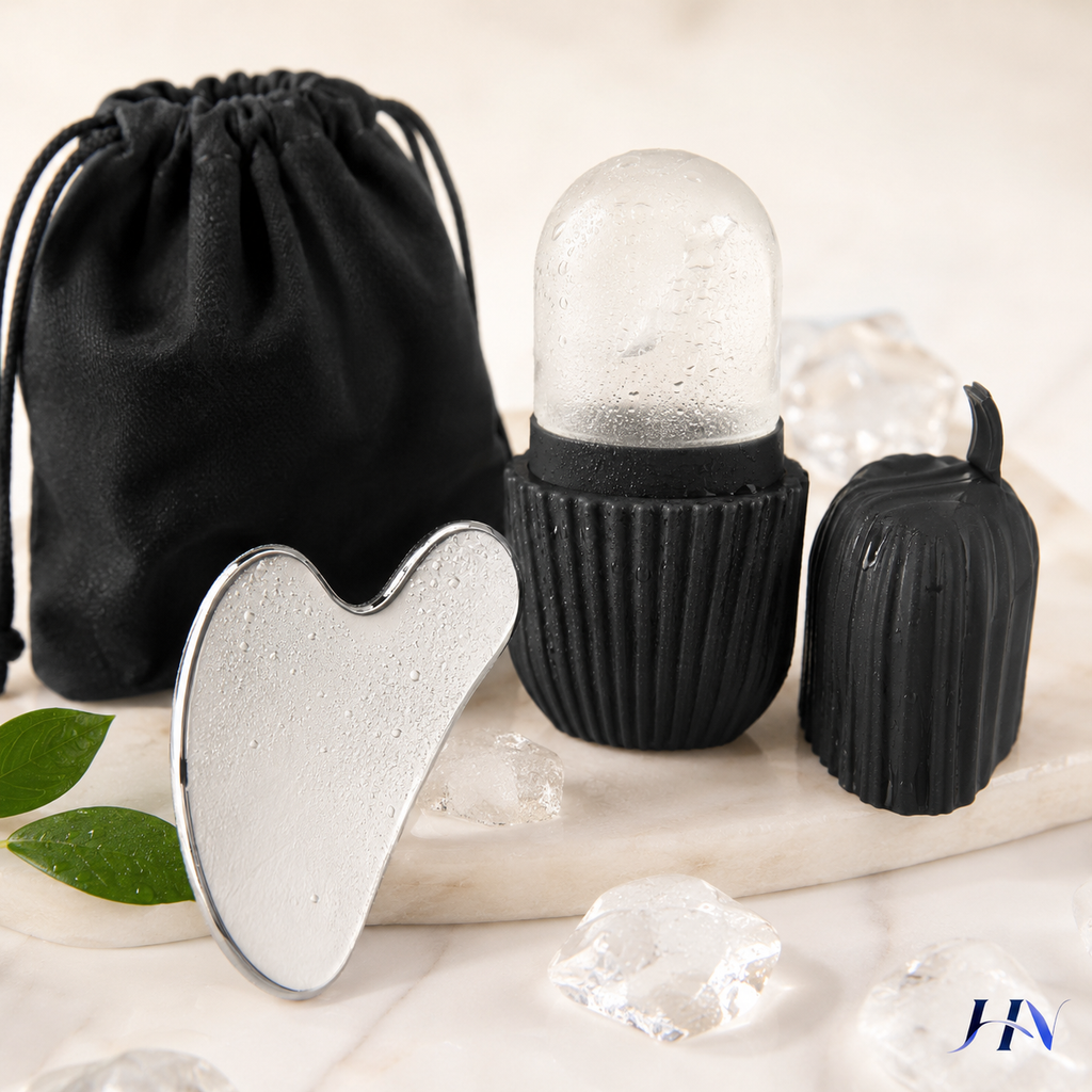 Kit Facial Ice Glow Gua Sha – Roller Gelado e Massageador Inox para Skincare Premium