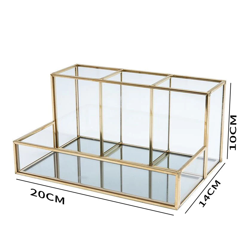 Clear Glass Makeup Organizer Cosmetic Organizer with Golden Covered Edge Jewelry Makeup Container Case Lipstick Organizer