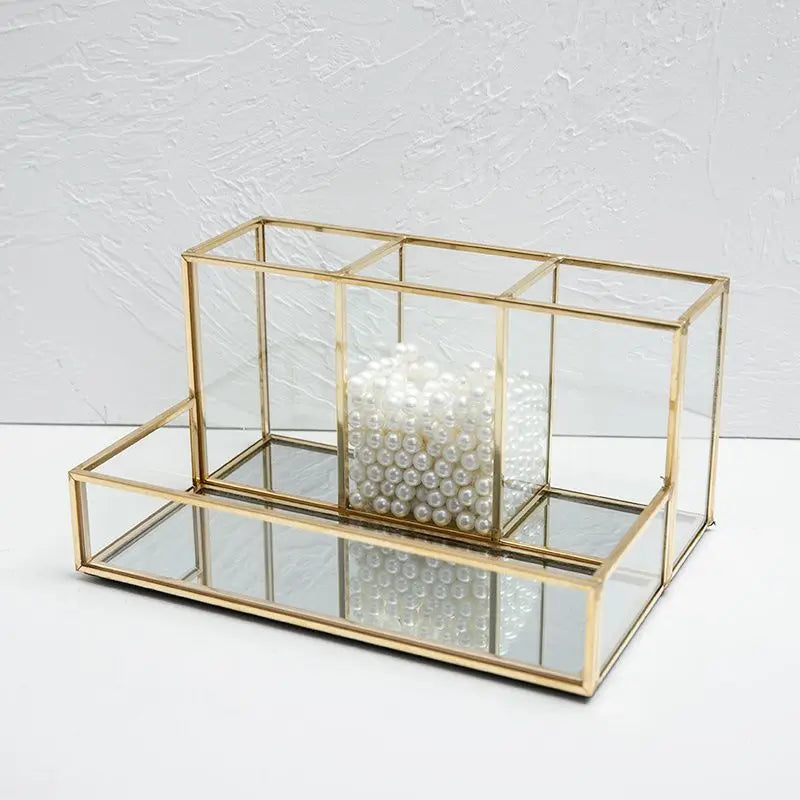 Clear Glass Makeup Organizer Cosmetic Organizer with Golden Covered Edge Jewelry Makeup Container Case Lipstick Organizer