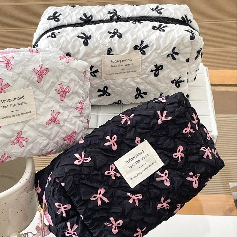 Fashion Square Women Clutch Makeup Bag Portable Cute Ladies Cosmetic Toiletry Storage Pouch Handbag Bow Print Zipper Bag