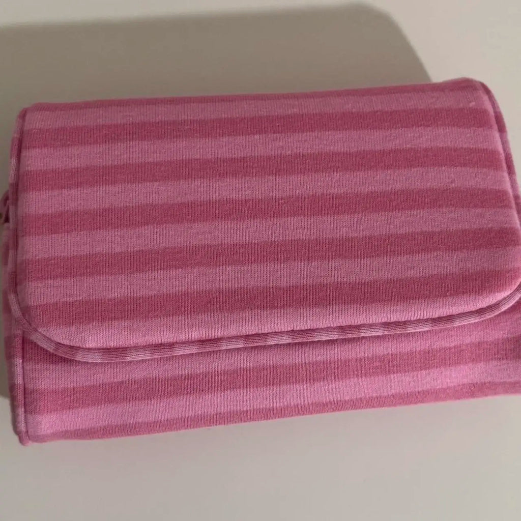 Pink Striped Flip-top Makeup Bag Women Portable Zipper Cosmetic Travel Organizer Girls Cute Sweet Mirror Handbag Toiletry Pouch