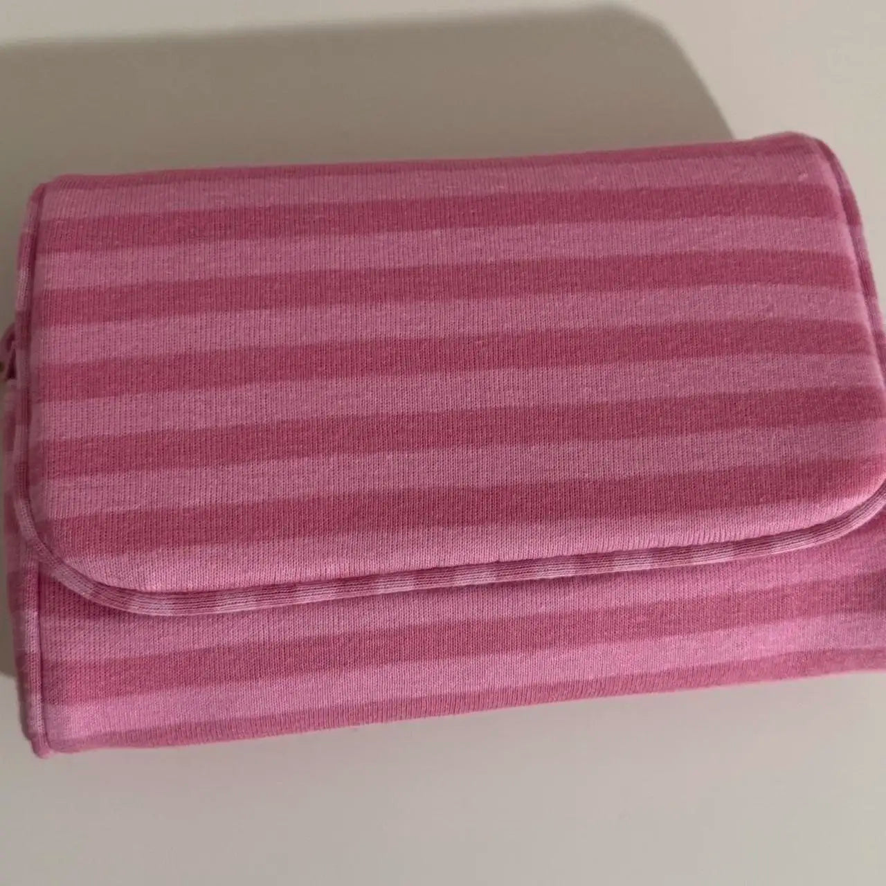 Pink Striped Flip-top Makeup Bag Women Portable Zipper Cosmetic Travel Organizer Girls Cute Sweet Mirror Handbag Toiletry Pouch