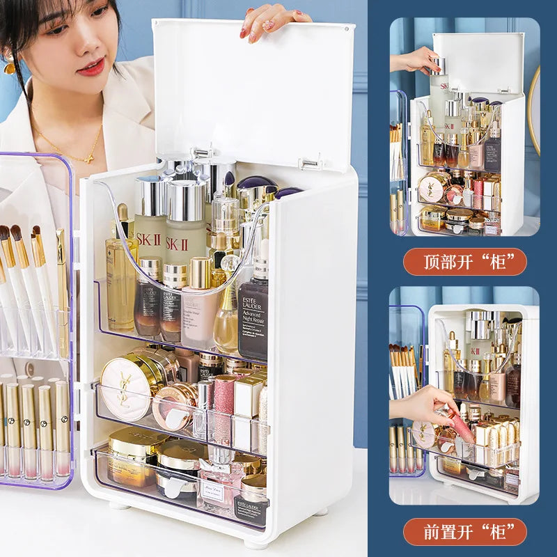 Large Cosmetic Storage Box Light Luxury Desktop Capacity Dustproof Storage Rack Household Vanity Lipstick Cosmetics Storage Box