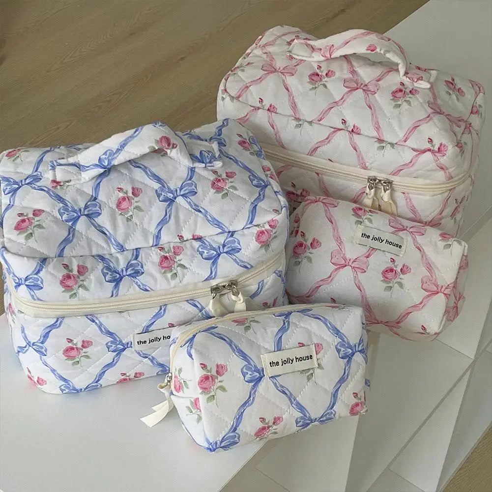 Cute Bow Flower Quilting Makeup Bag Women Zipper Cosmetic Organizer Female Cloth Handbag Portable Toiletry Case For Girls