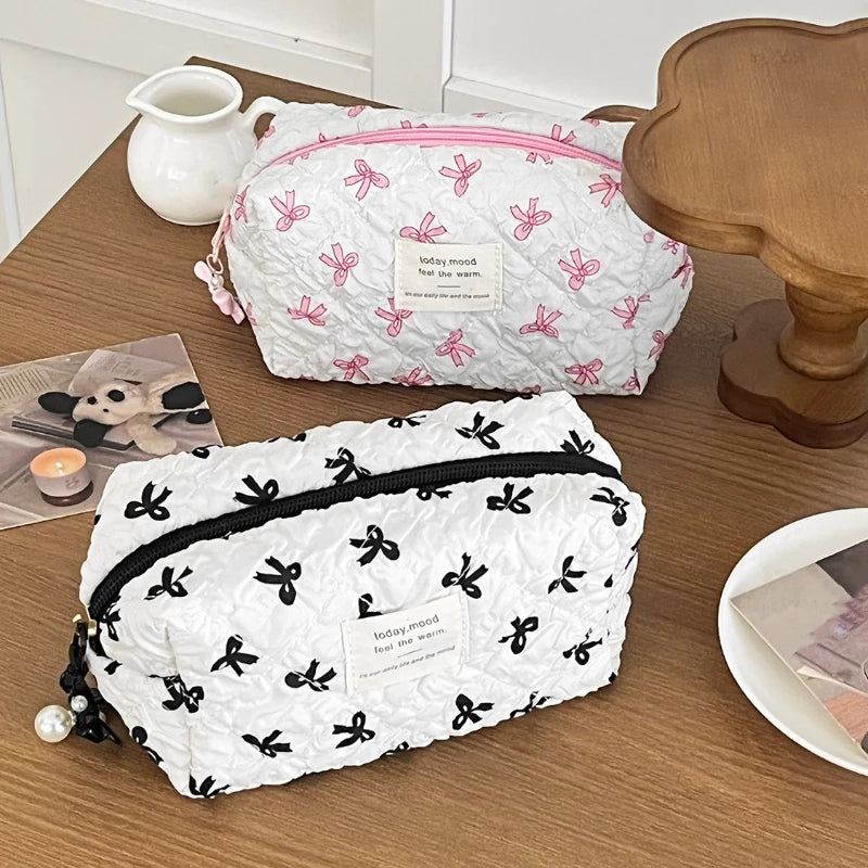 Fashion Square Women Clutch Makeup Bag Portable Cute Ladies Cosmetic Toiletry Storage Pouch Handbag Bow Print Zipper Bag