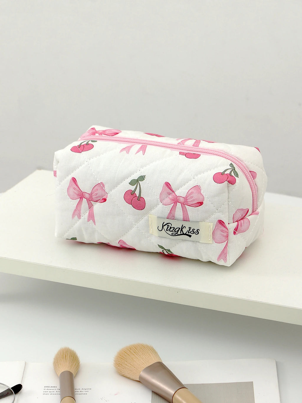 1pc/set Cherry Bow Quilted Makeup Bag, Multifunctional Handheld Makeup Bag, Portable Toiletry Bag Set with Zipper