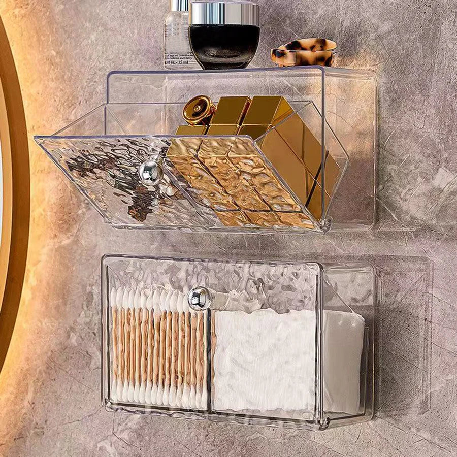 Clear Wall Mounted Bathroom Storage Box, Makeup Organizer, Clear Acrylic Organizers Storage, Cotton Swabs, Cotton Balls