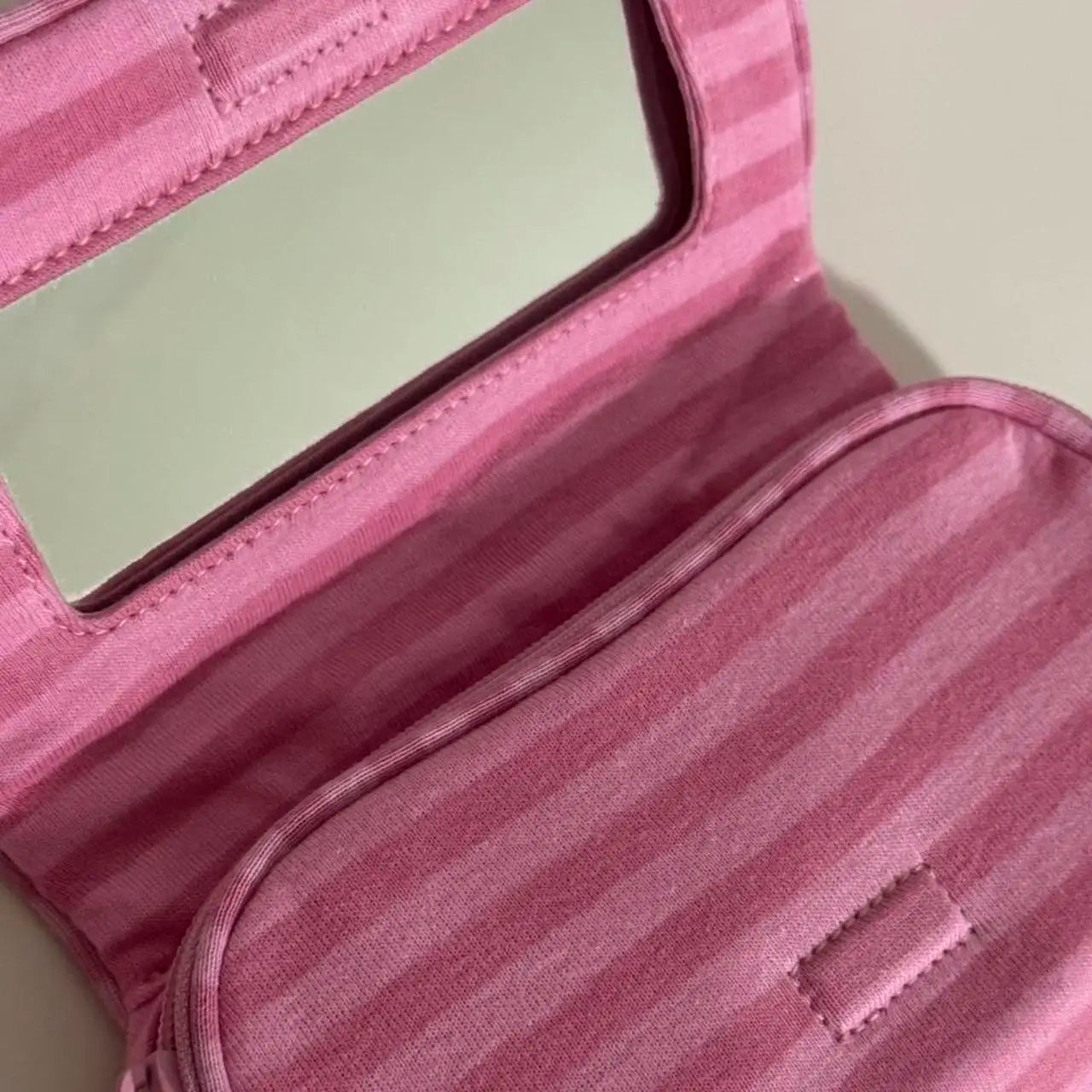 Pink Striped Flip-top Makeup Bag Women Portable Zipper Cosmetic Travel Organizer Girls Cute Sweet Mirror Handbag Toiletry Pouch