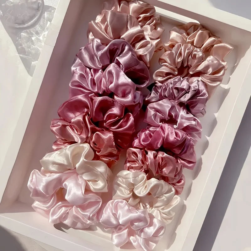 16-piece set of soft satin hair ties in pink and brown colors | suitable for wearing in all settings
