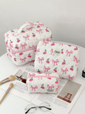 1pc/set Cherry Bow Quilted Makeup Bag, Multifunctional Handheld Makeup Bag, Portable Toiletry Bag Set with Zipper