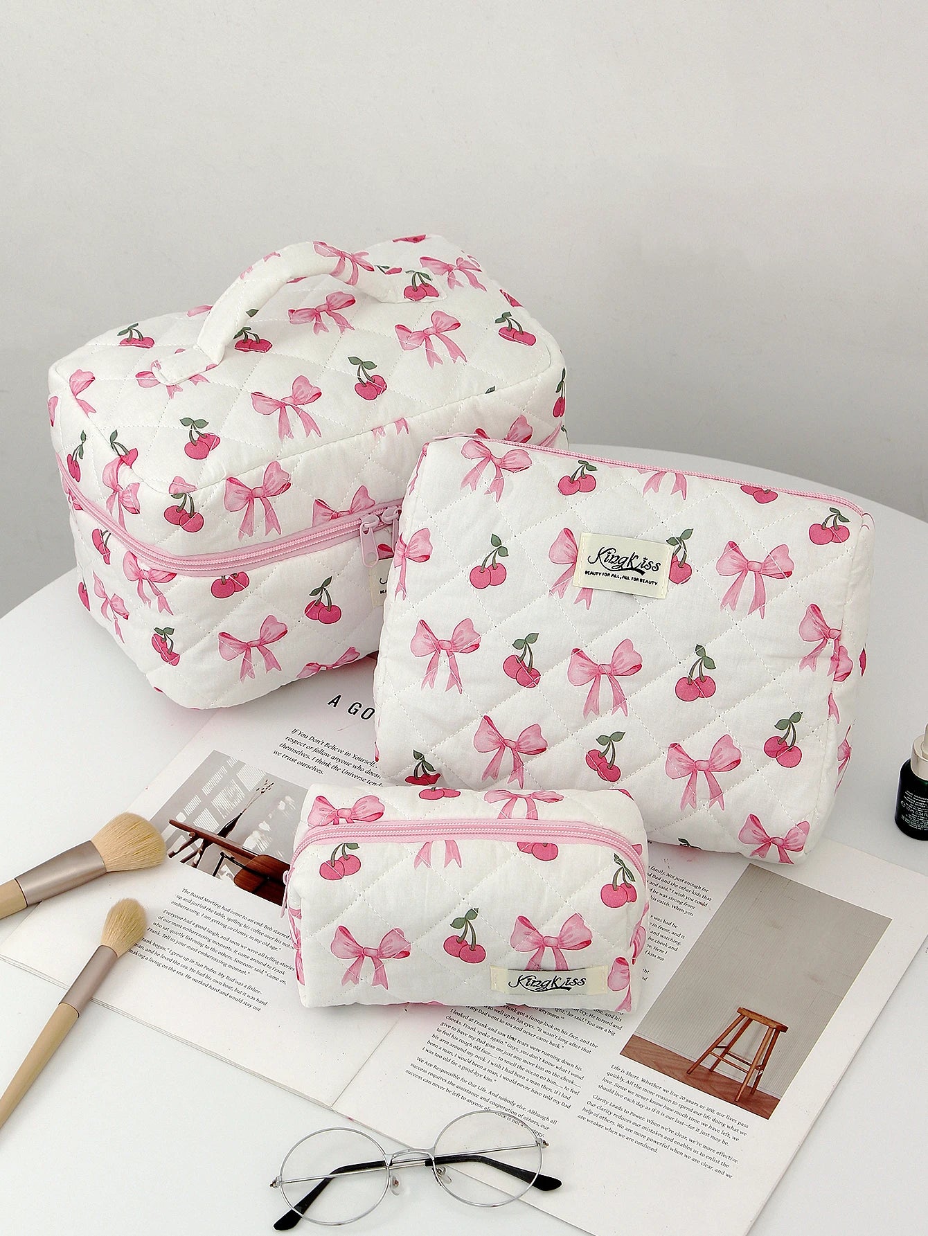 1pc/set Cherry Bow Quilted Makeup Bag, Multifunctional Handheld Makeup Bag, Portable Toiletry Bag Set with Zipper