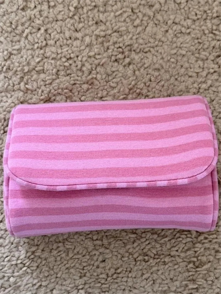 Flip-top With Mirror Makeup Bag Women Pink Striped Portable Zipper Cosmetic Travel Organizer Cute Sweet Handbag Toiletry Pouch