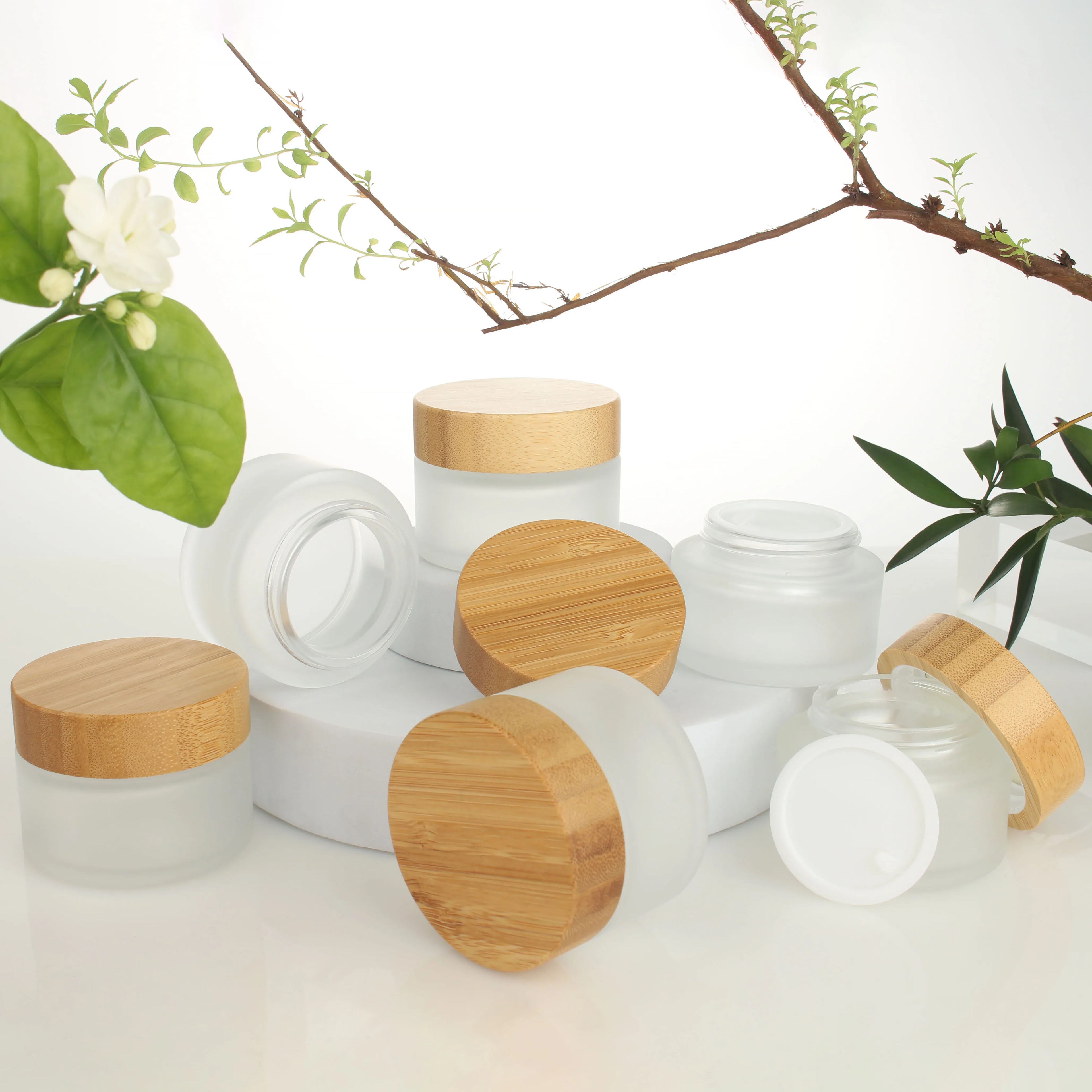 5/30/50/100ML Empty Frosted Glass Cream Jar Bamboo Lid Cosmetic Jars Glass Bottle Perfume jar Container Make Up Travel Wholesale