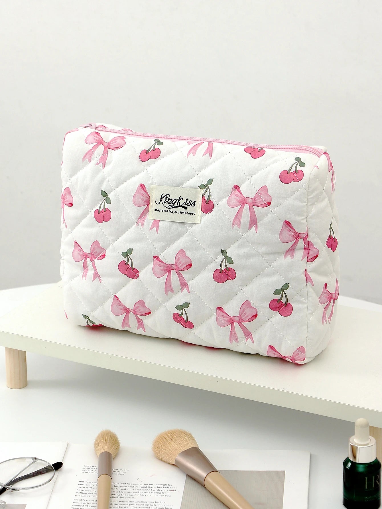 1pc/set Cherry Bow Quilted Makeup Bag, Multifunctional Handheld Makeup Bag, Portable Toiletry Bag Set with Zipper
