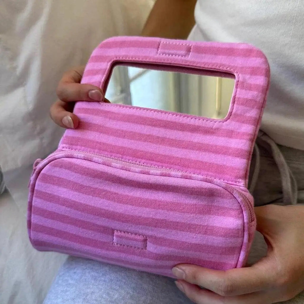 Pink Striped Flip-top Makeup Bag Women Portable Zipper Cosmetic Travel Organizer Girls Cute Sweet Mirror Handbag Toiletry Pouch