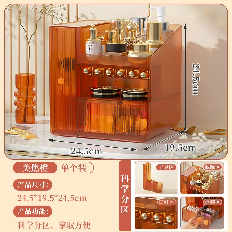 Large Cosmetic Storage Box Light Luxury Desktop Capacity Dustproof Storage Rack Household Vanity Lipstick Cosmetics Storage Box