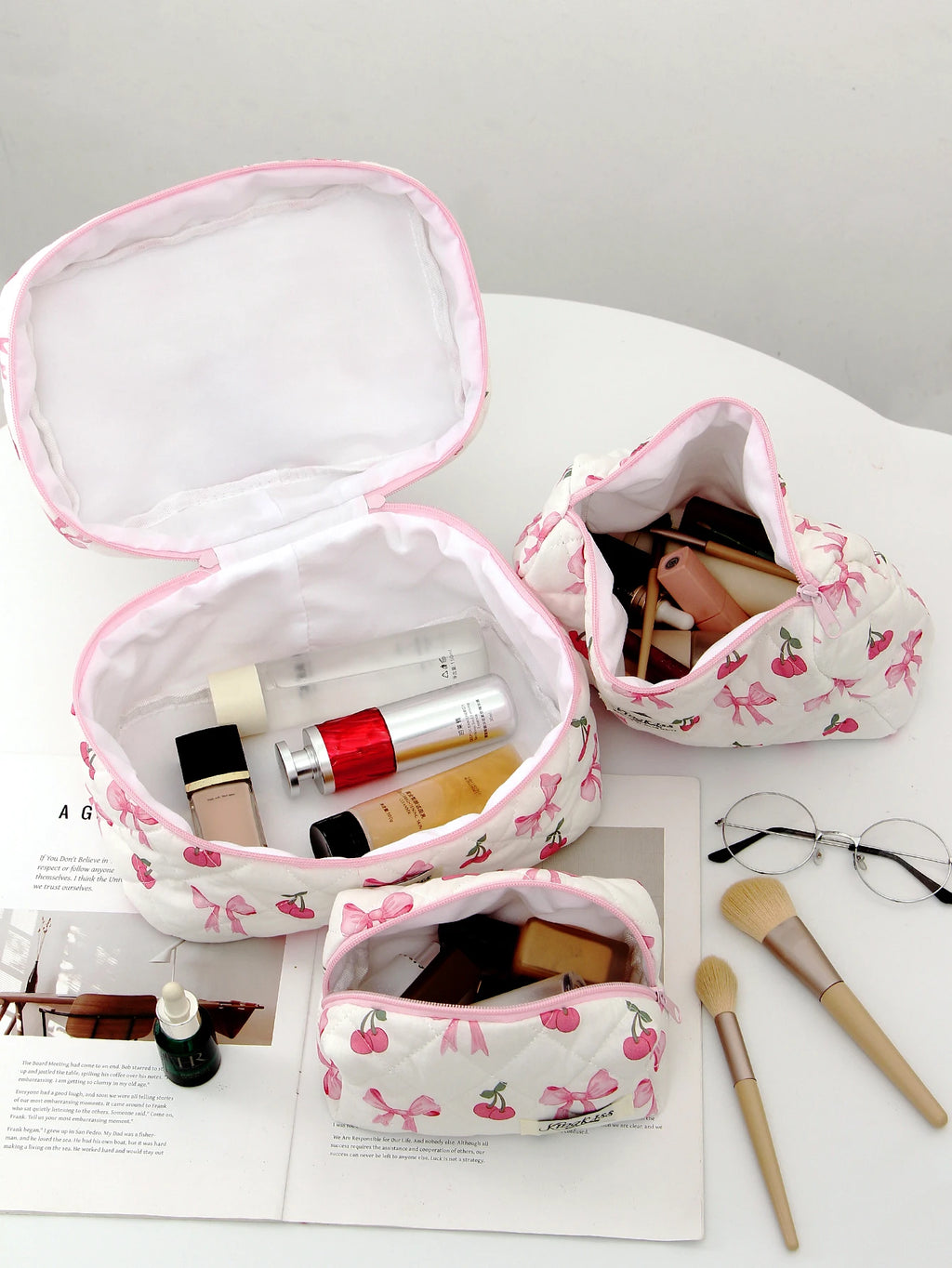 1pc/set Cherry Bow Quilted Makeup Bag, Multifunctional Handheld Makeup Bag, Portable Toiletry Bag Set with Zipper