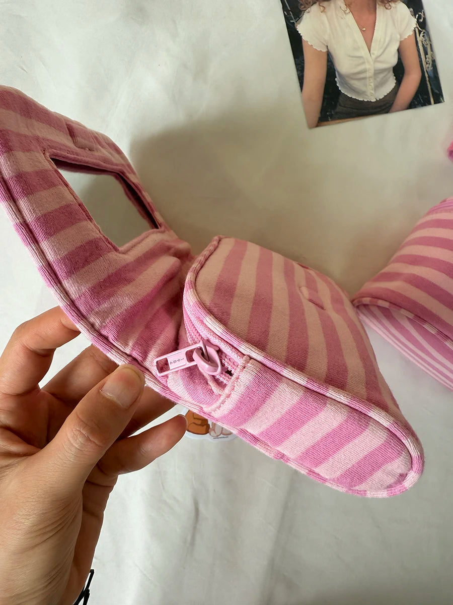 Pink Striped Flip-top Makeup Bag Women Portable Zipper Cosmetic Travel Organizer Girls Cute Sweet Mirror Handbag Toiletry Pouch