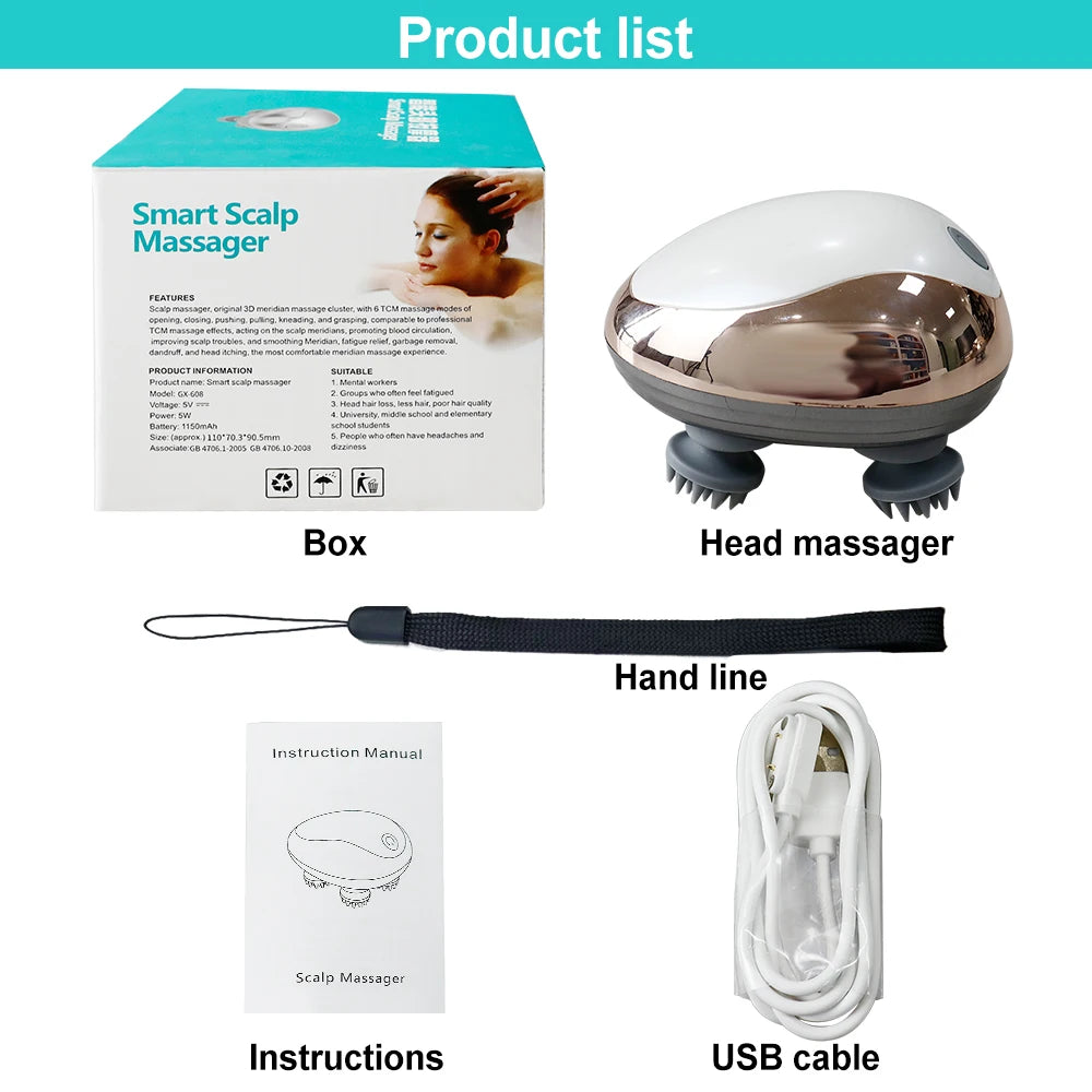 Mini Head Massager Magnetic Rechargeable Kneading Vibration Device 6 Mode for Hair Growth Stress Relax Waterproof Massageador