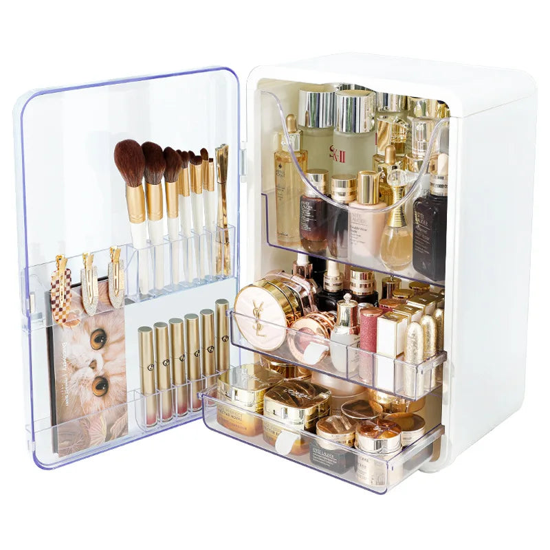 Large Cosmetic Storage Box Light Luxury Desktop Capacity Dustproof Storage Rack Household Vanity Lipstick Cosmetics Storage Box