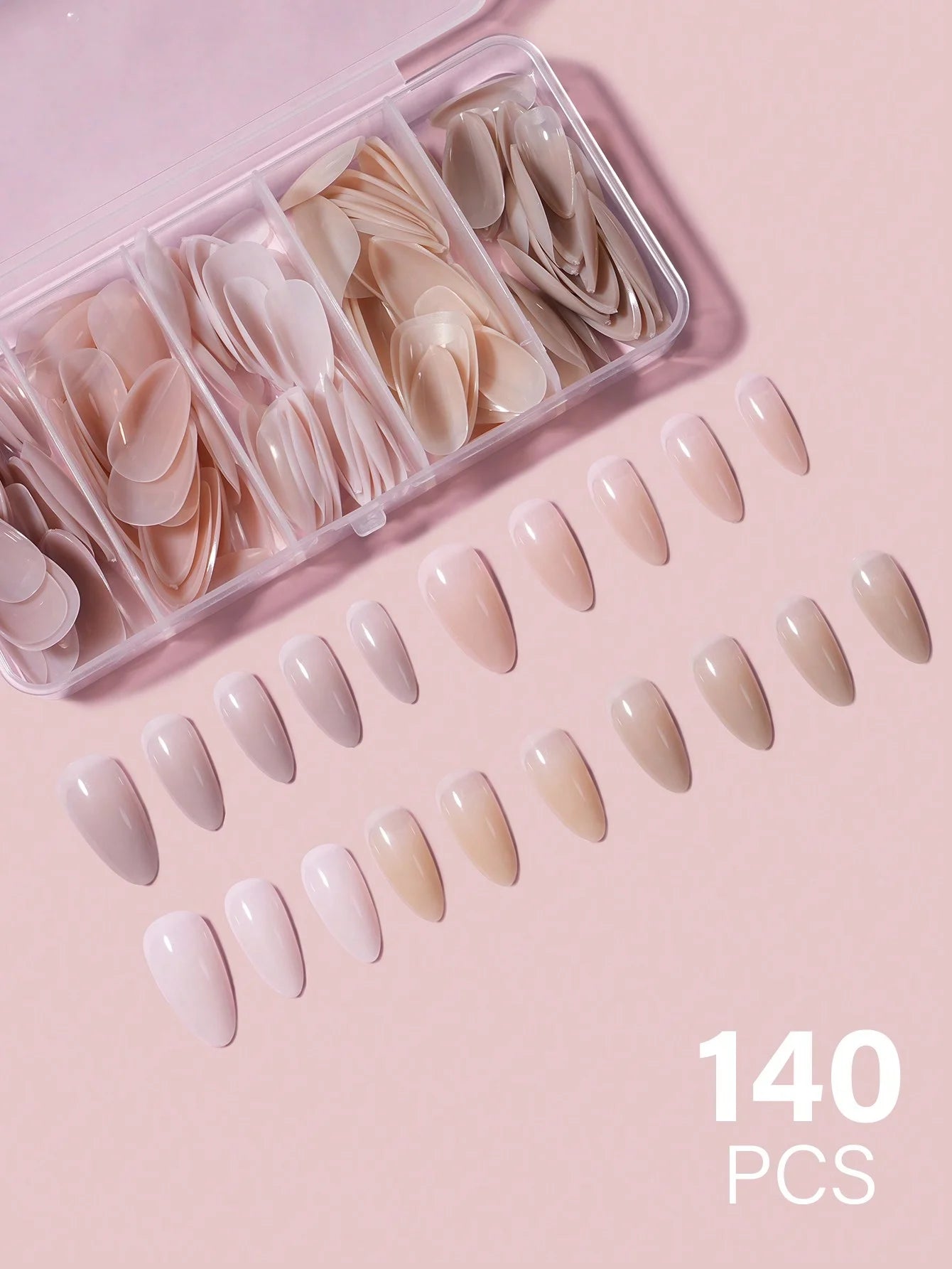 Kit Unhas Postiças Premium Almond Nails – 140 Tips Curtas em 5 Cores e 14 Tamanhos