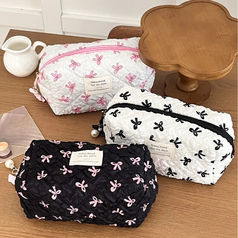 Fashion Square Women Clutch Makeup Bag Portable Cute Ladies Cosmetic Toiletry Storage Pouch Handbag Bow Print Zipper Bag