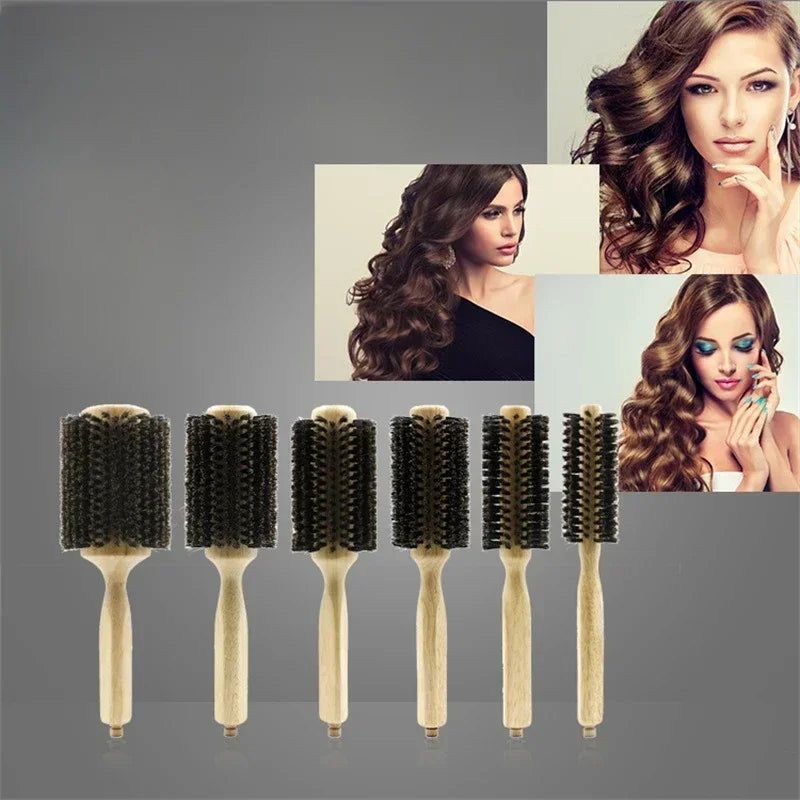 6 Sizes Wood Handle Boar Bristles Round Brush Removable Tail Professional Barber Salon Hairdressing Hair Brush Hair Round Comb
