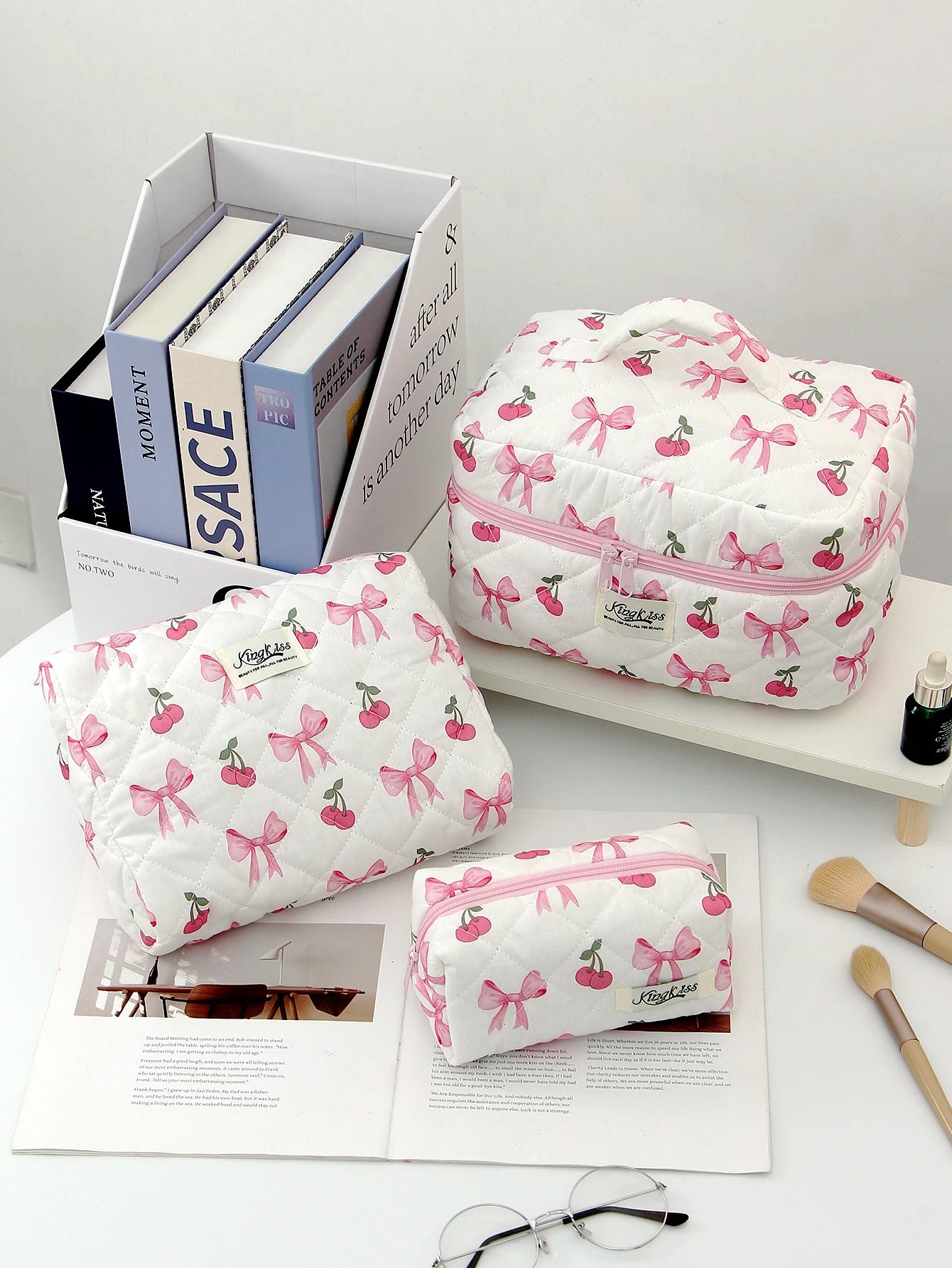 1pc/set Cherry Bow Quilted Makeup Bag, Multifunctional Handheld Makeup Bag, Portable Toiletry Bag Set with Zipper