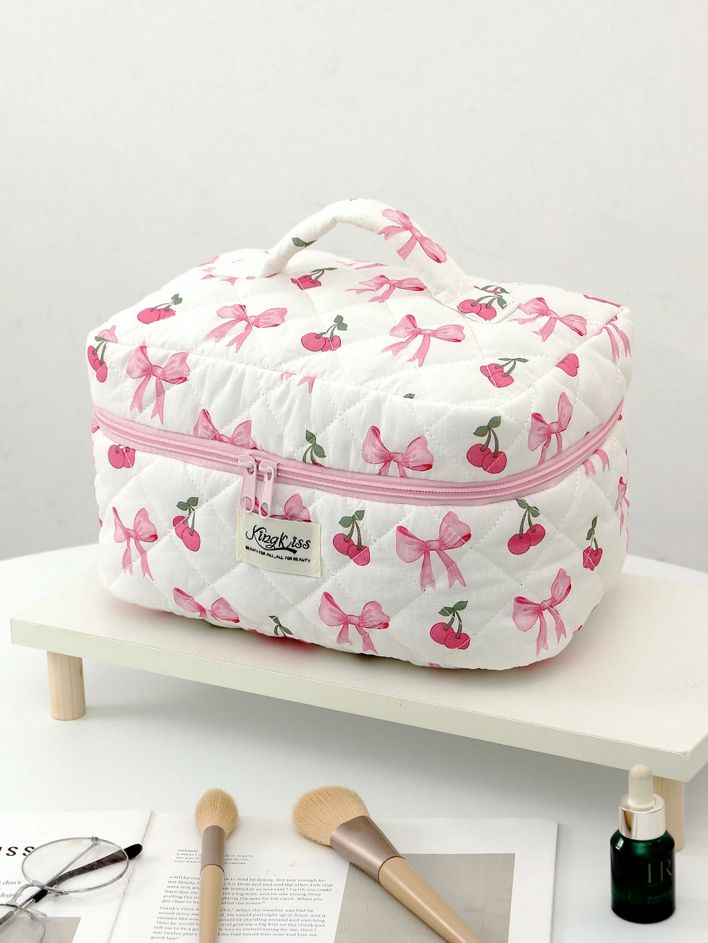 1pc/set Cherry Bow Quilted Makeup Bag, Multifunctional Handheld Makeup Bag, Portable Toiletry Bag Set with Zipper