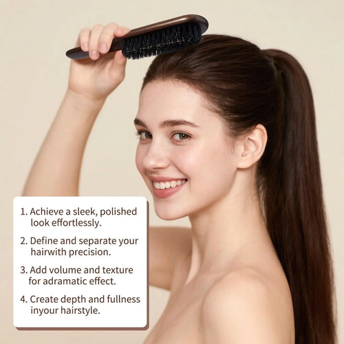 Escova Profissional Boar Bristle Premium – Cabo de Madeira para Alinhamento, Brilho e Controle de Frizz